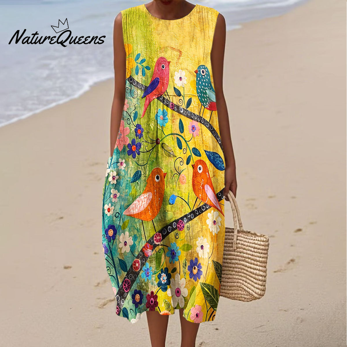 Women's Vintage Flower Bird Art Print Sleeveless Cotton Pocket Wrap Dress