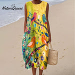 Women's Vintage Flower Bird Art Print Sleeveless Cotton Pocket Wrap Dress