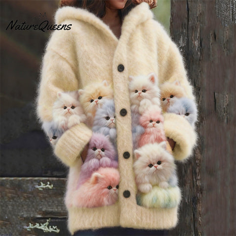 Lovely Fuzzy Colorful Cats Cozy Hooded Cardigan