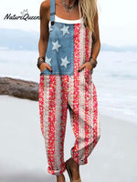 Women's Vintage Independence Day Print Casual 100% Cotton Wide Leg Jumpsuit