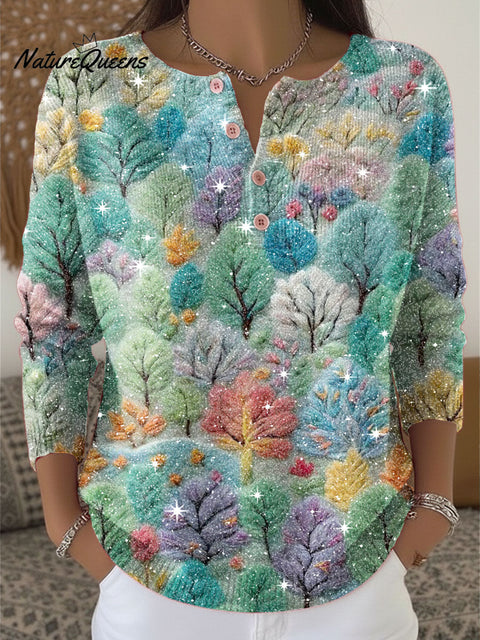 Christmas Tree Pattern Print Henley Neck Sparkling Sequin Sweater