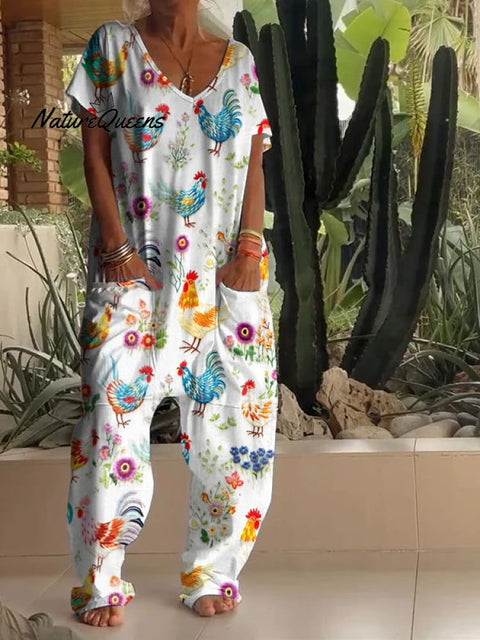 Casual Farm Chicken Print V Neck Jumpsuit