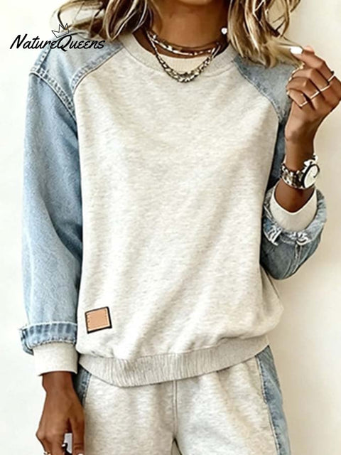 Women'S Casual Denim Contrast Pants Suit