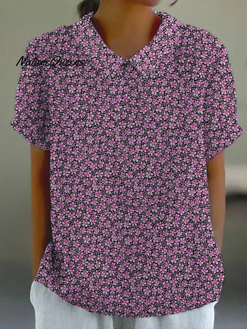 Purple Floral Print Short Sleeve Top