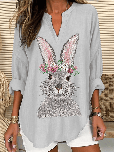 Women's Easter Cute Bunny Print Casual Long Sleeve V-Neck Shirt