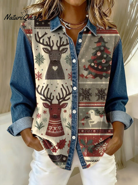 Women's Christmas landscape print casual stitching denim shirt