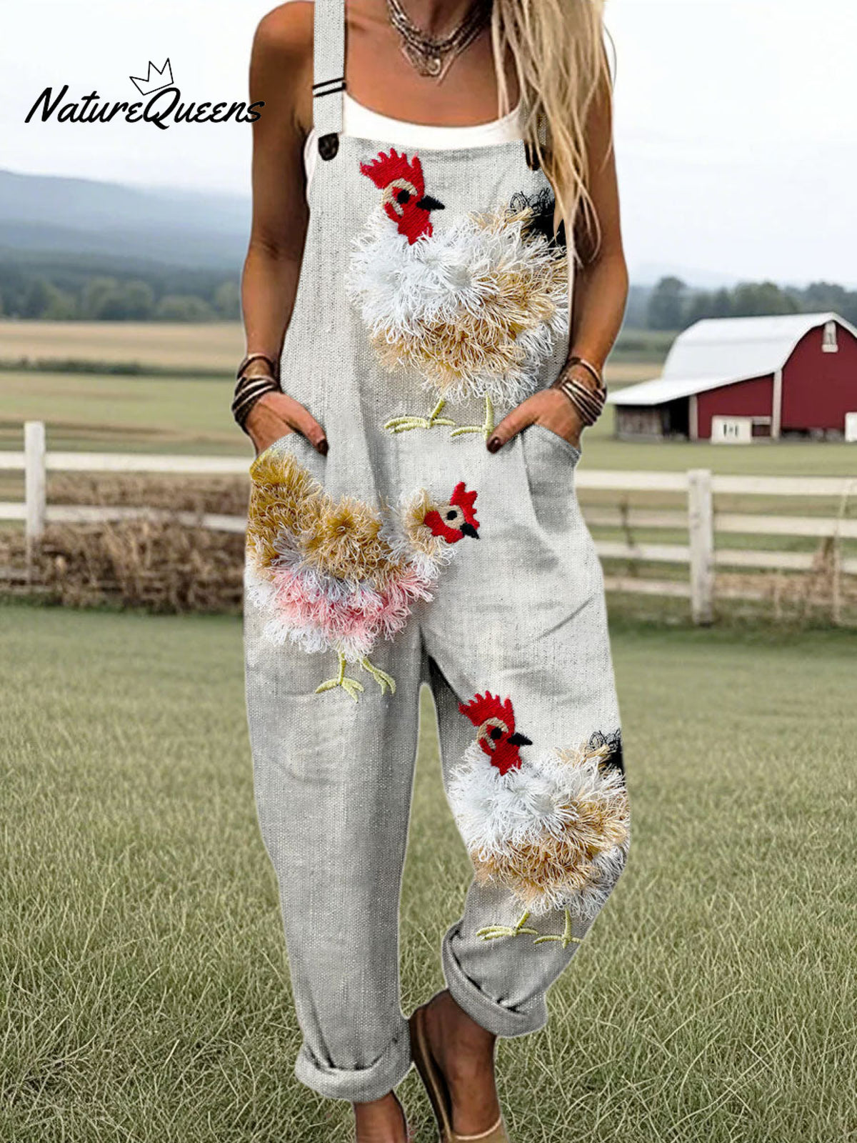 Women's Vintage Cute Farm Chicken Art Print Casual 100% Cotton Wide Leg Jumpsuit