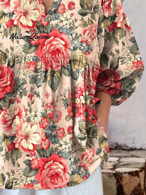 Women's Retro Floral Art Print Cotton And Linen Casual Top