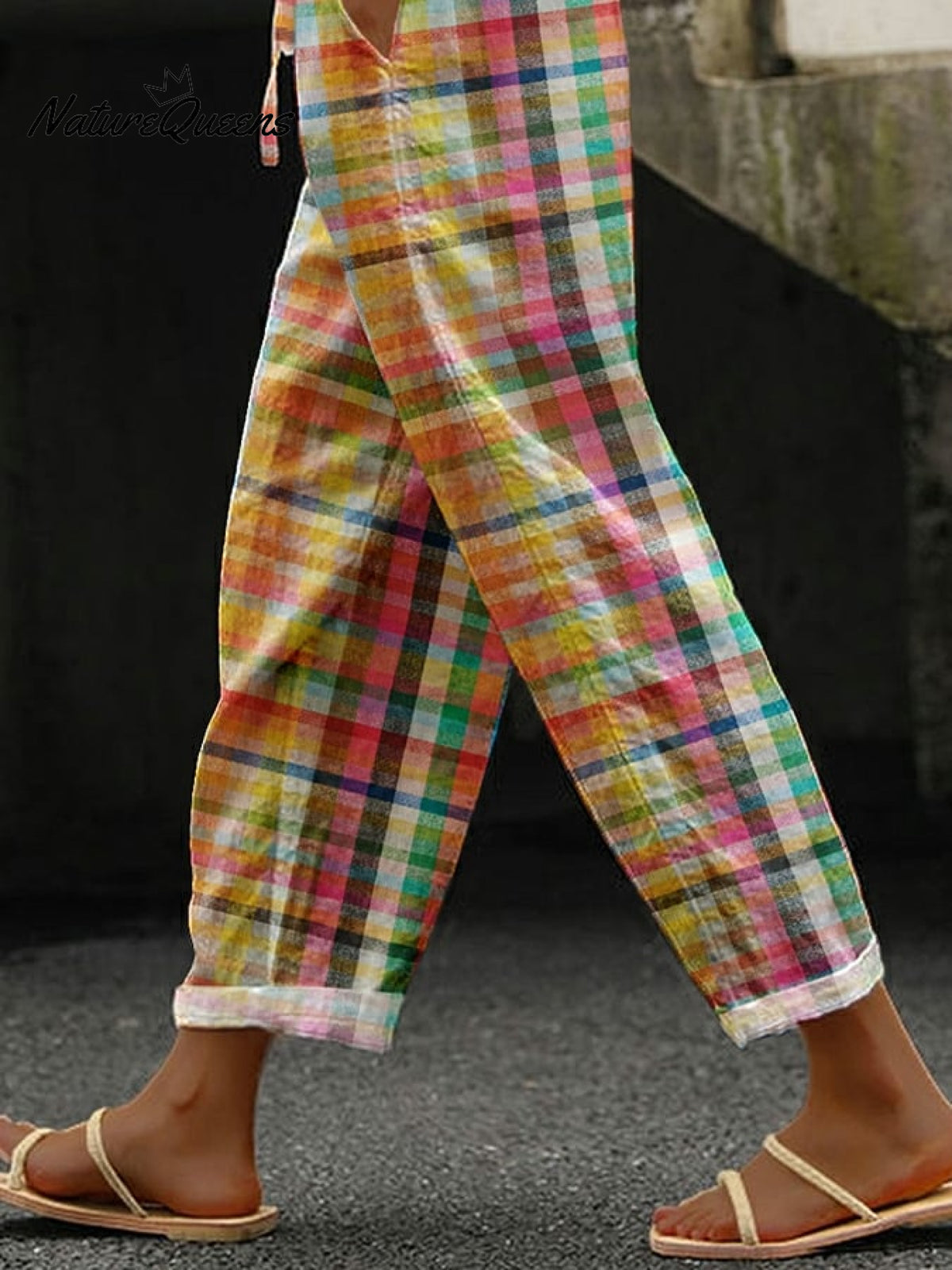 Vintage Check Print Lace - Up Casual Pants