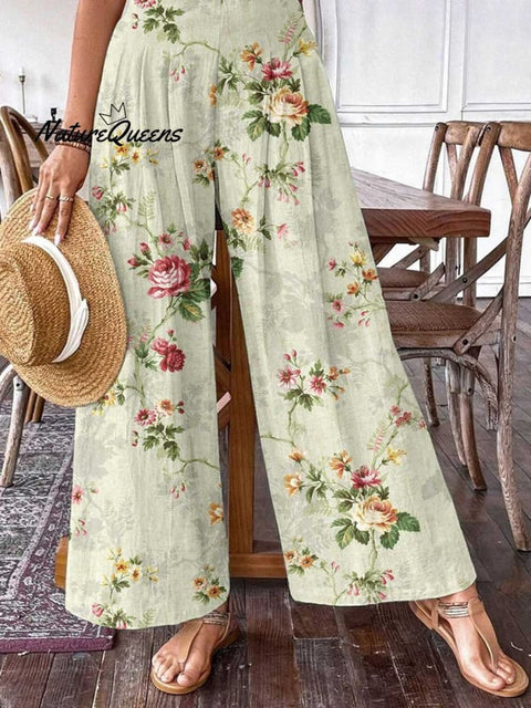 Women's Rose Floral Pattern Cotton Wide Leg Pants