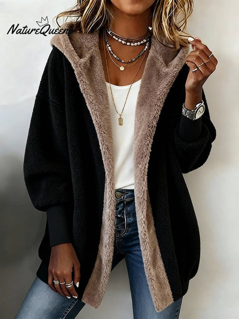 Women'S Contrasting Suede Hooded Loose Cardigan Jacket