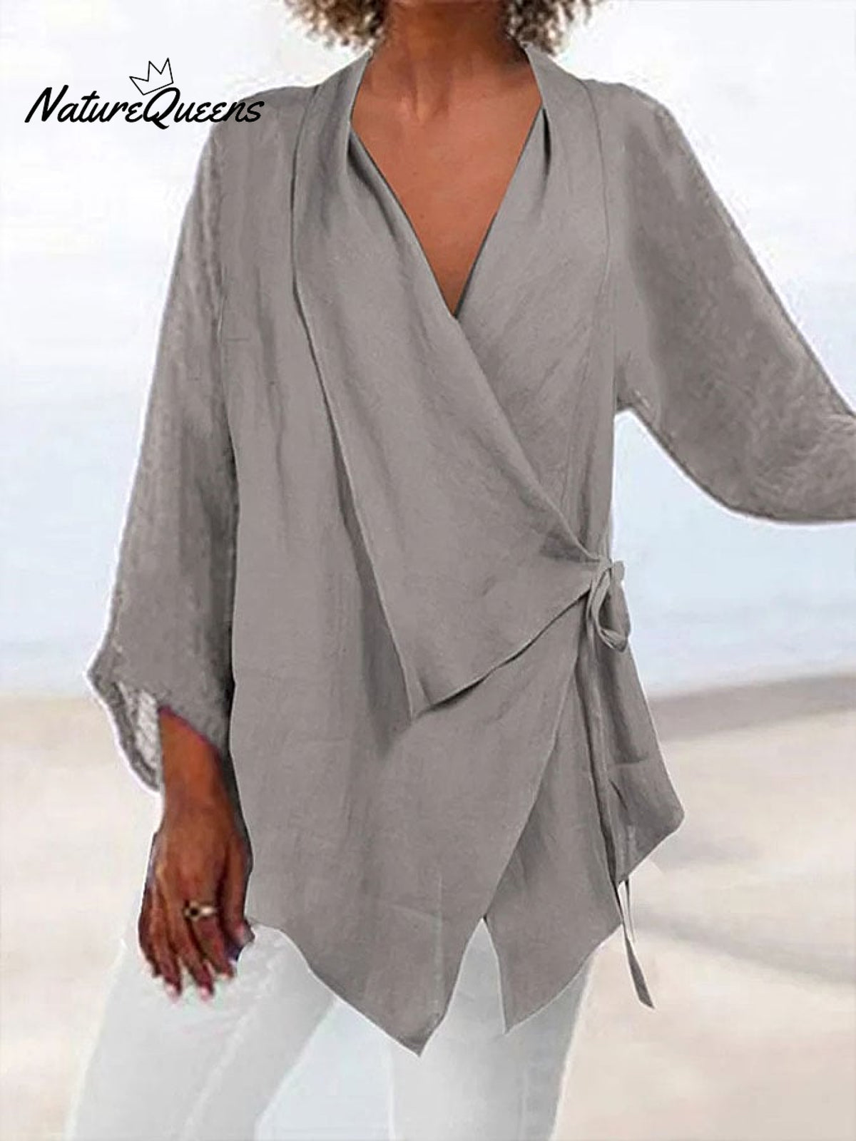 Women’s Cotton And Linen Lapel Lace - Up Casual Shirt Grey / S