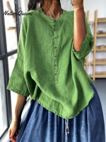 Women’s Loose Casual Cotton Linen Shirt With Irregular Hem And Seven Point Sleeves Green / L
