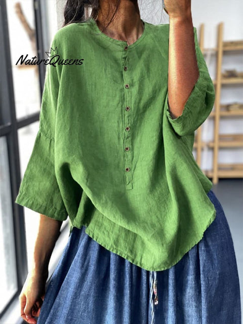 Women’s Loose Casual Cotton Linen Shirt With Irregular Hem And Seven Point Sleeves Green / L