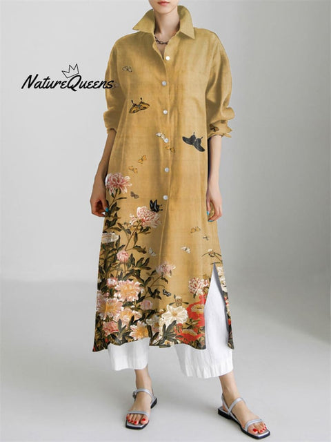 Butterflies Among Flowers Japanese Art Pattern Long Sleeve Slit Shirt Dress