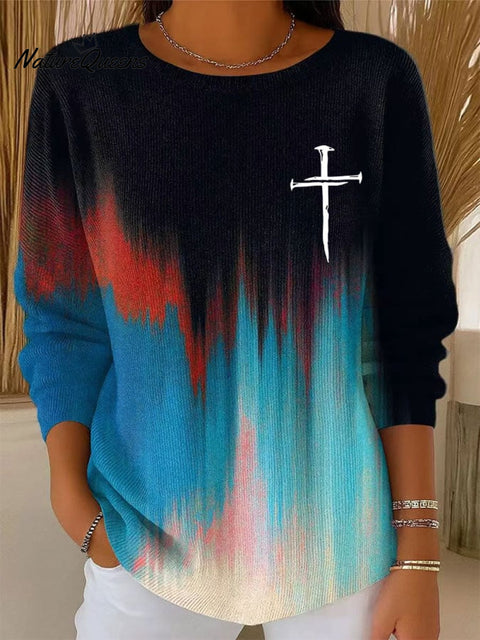 Women's Casual Faith Cross Gradient Textured Top