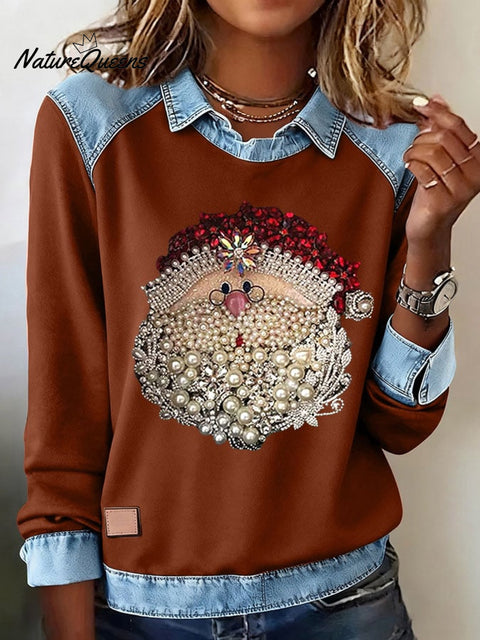 Women's Santa Head Printed Comfortable Denim Patchwork Sweatshirt