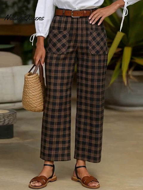 Women's Casual Retro Contrast Plaid Print Trousers