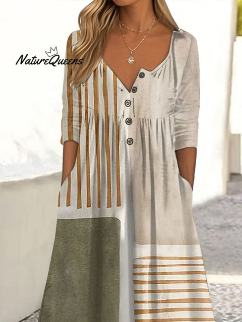 Women's Casual Button Collar Contrast Geometric Pattern Print Dress