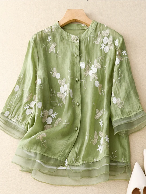 Women's Embroidered Fashion Round Neck Cotton Casual Shirt