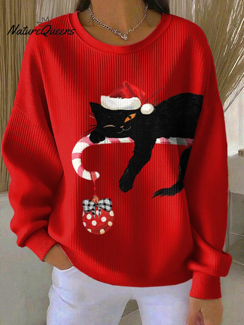 Women's Retro Christmas Cat Print Round Neck Sweatshirt