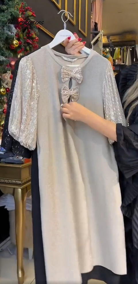 Women's Round Neck Sequin Dress with Bow✨
