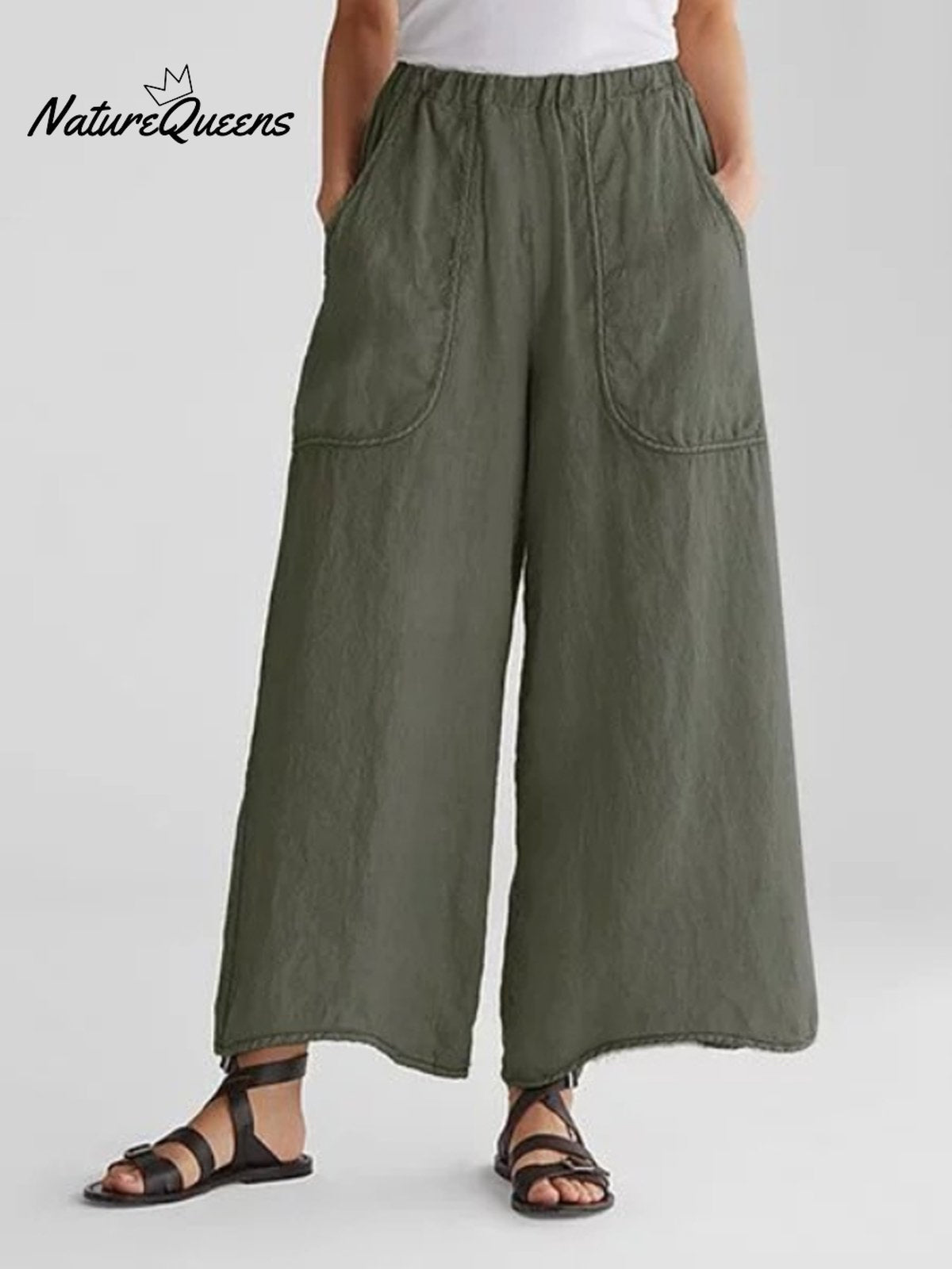 Summer Women Pant Flat Pan Linen Pocket Army Green / S