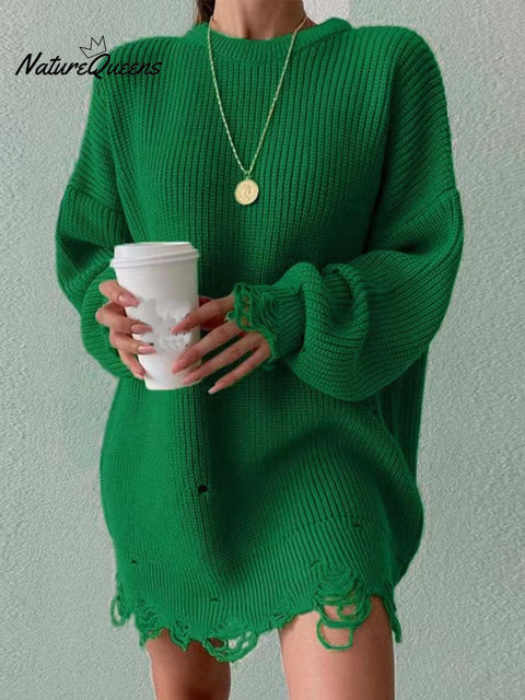 Women's Stylish Solid Color Round Neck Long Sleeve Hem Ripped Loose Sweater