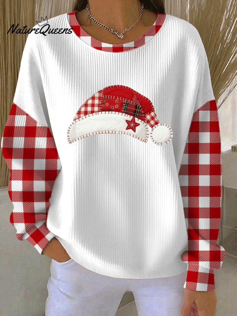Women's Christmas Hat Print Knitted Crew Neck Long Sleeve Top