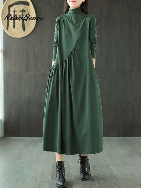 Plus Size Solid Color Draped High Neckline Dress