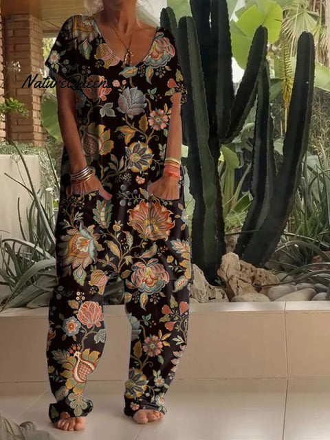 Casual Retro Floral Print V Neck Jumpsuit