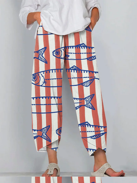 Japanese Red Sardines Art Print Cropped Pants