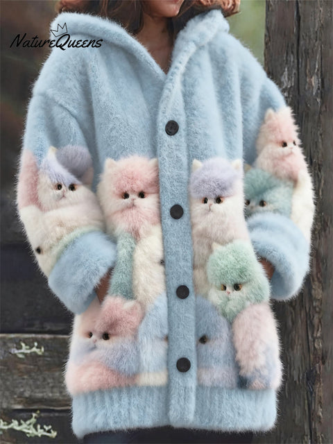 Colorful Fuzzy Cats Cozy Knit Hooded Cardigan