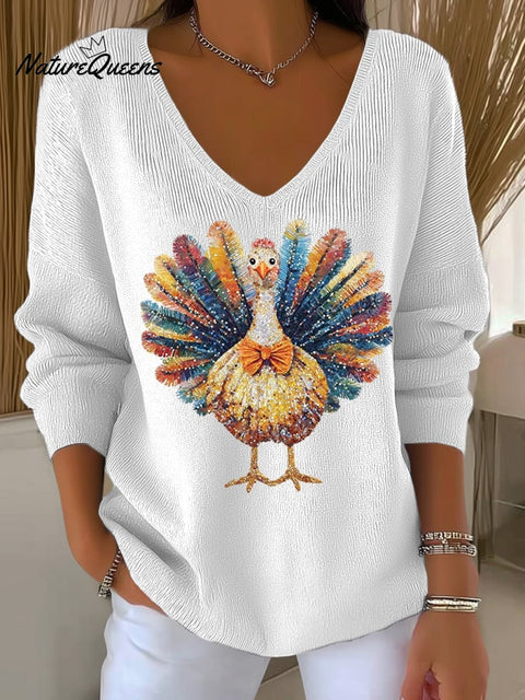 Women's Thanksgiving Turkey Print Knit Top