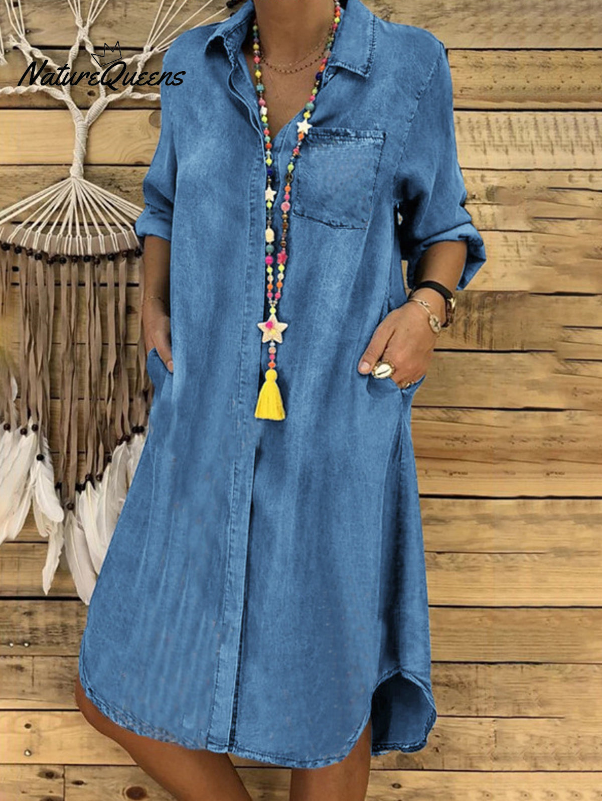 Casual Denim Solid Turndown Collar Singe Breasted Pockets Midi Dress Light Blue / S