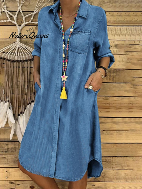 Casual Denim Solid Turndown Collar Singe Breasted Pockets Midi Dress Light Blue / S