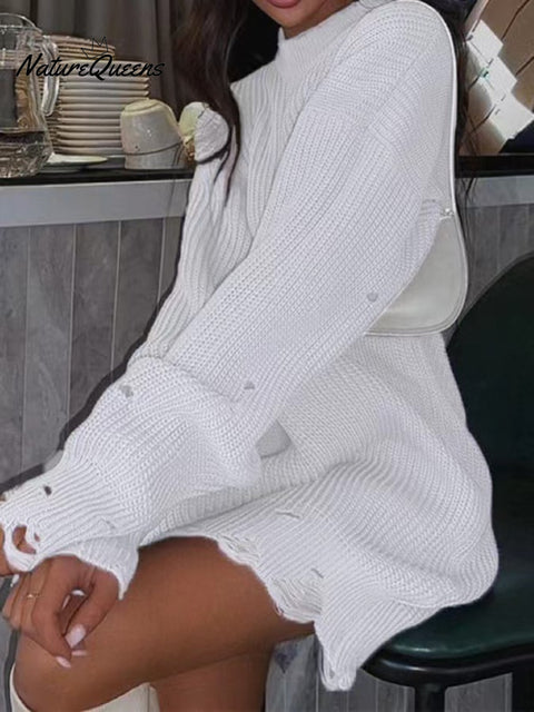 Women's Stylish Solid Color Round Neck Long Sleeve Hem Ripped Loose Sweater