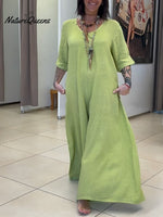 Women's Casual Solid Color V-Neck Mid-Sleeve Cotton and Linen Jumpsuit