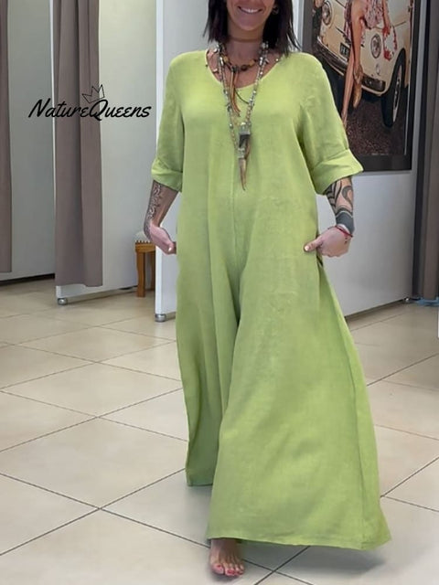 Women's Casual Solid Color V-Neck Mid-Sleeve Cotton and Linen Jumpsuit