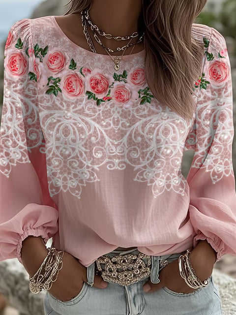 Women's Floral Print Round Neck Long Sleeve Linen Blend Shirt