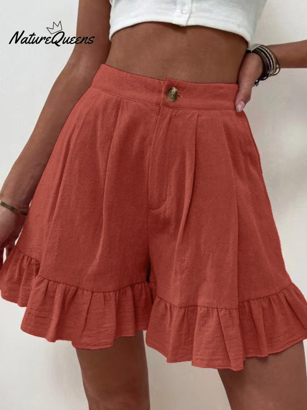 Women Summer Cotton Casual Plain Natural Ruffled Shorts Brick Red / S(4)