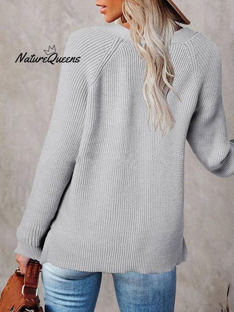 🧹Women'S Solid Color Casual V-Neck Pullover Sweater