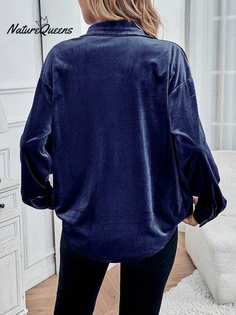 Women'S Casual Lapel Long-Sleeved Velvet Top