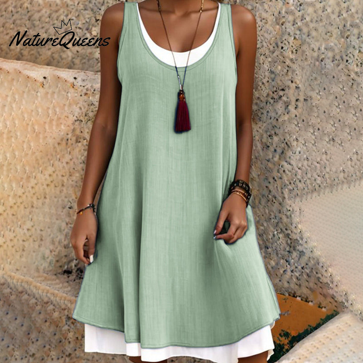 Casual Sleeveless Fake Two Piece Midi Dress Light Green / S