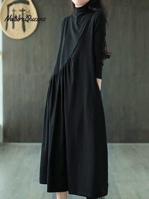 Plus Size Solid Color Draped High Neckline Dress