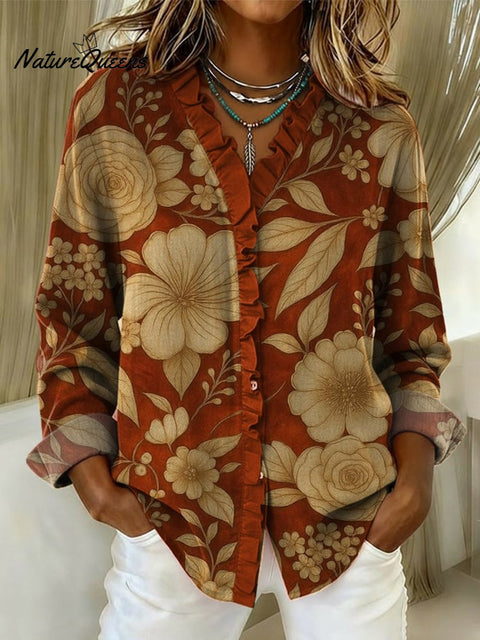 Women's Retro Floral Print Cotton And Linen Ruffle Shirt