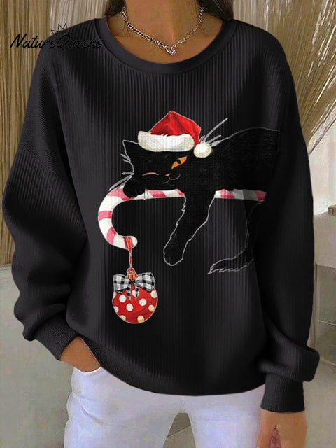 Women's Retro Christmas Cat Print Round Neck Sweatshirt