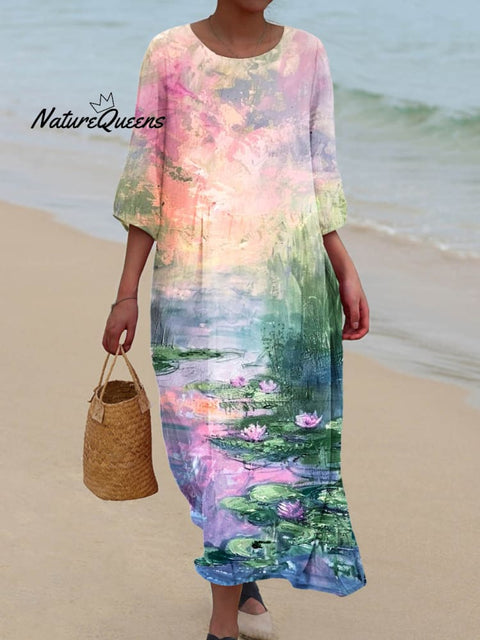 Women's Impressionist LandscapeArt Pattern Pocket Cotton Dress