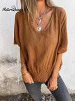 V-Neck Cotton-Linen Smocked Hem Tops (Buy 2 Free Shipping)