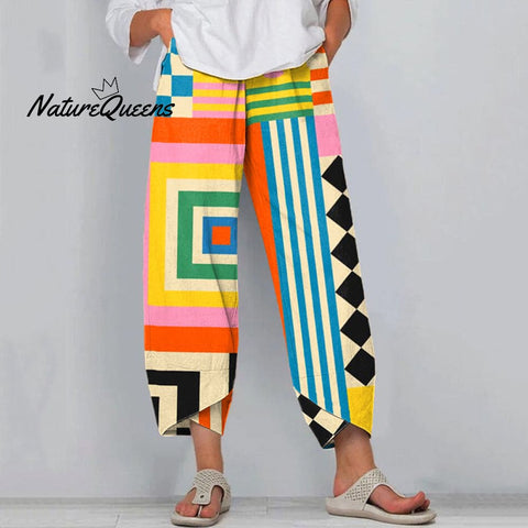 Women's Abstract Art Geometric Pattern Linen Blend Pants